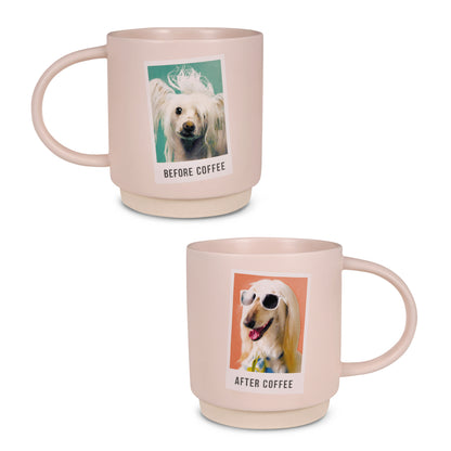 Before and after coffee funny mug, 16 oz. pink ceramic with dog photos, showcasing humorous designs and unique oversized handle.