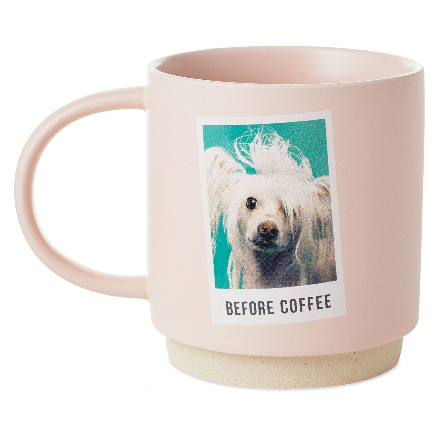 Before and After Coffee Funny Mug, 16 oz., pink ceramic mug featuring a dog photo before coffee, angled view.