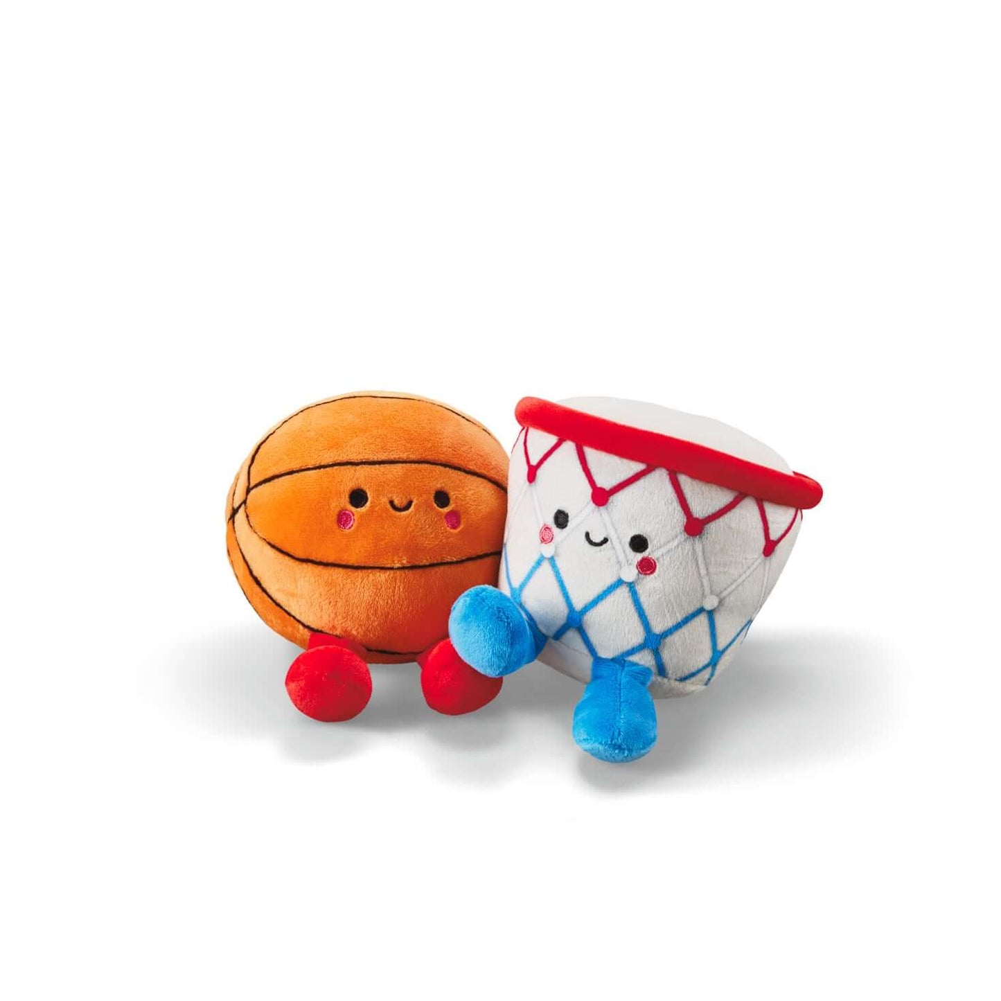 Better Together Basketball and Hoop Magnetic Plush Pair, 6" H, featuring a smiling basketball and hoop, angled view on a white background.