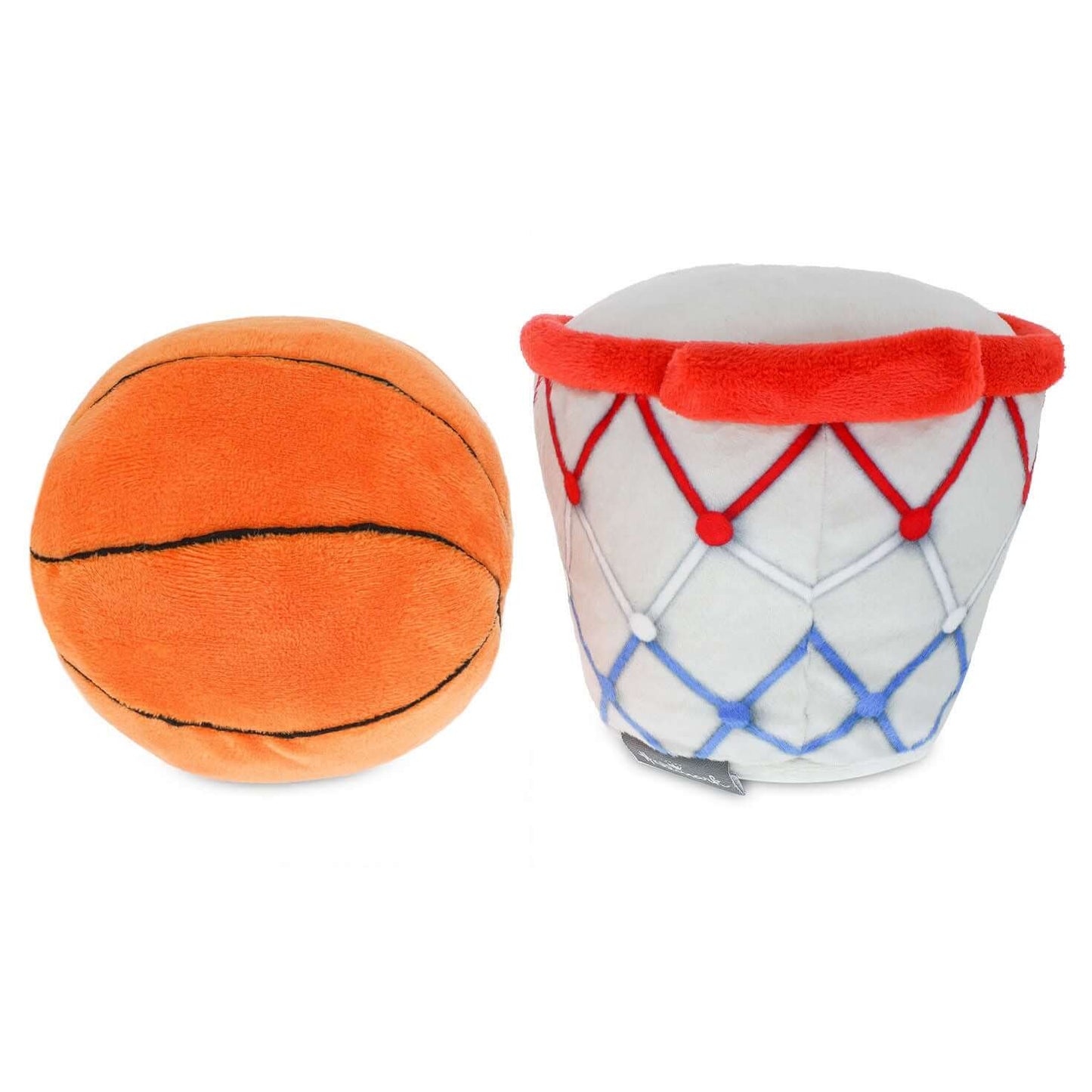 Better Together Basketball and Hoop Magnetic Plush Pair, 6" H featuring an orange plush basketball and a white plush hoop with embroidered details. 