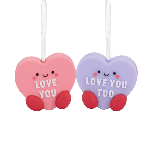 Better Together Candy Hearts, magnetic, shatterproof, set of 2 with cute faces and messages on pink and purple backgrounds.