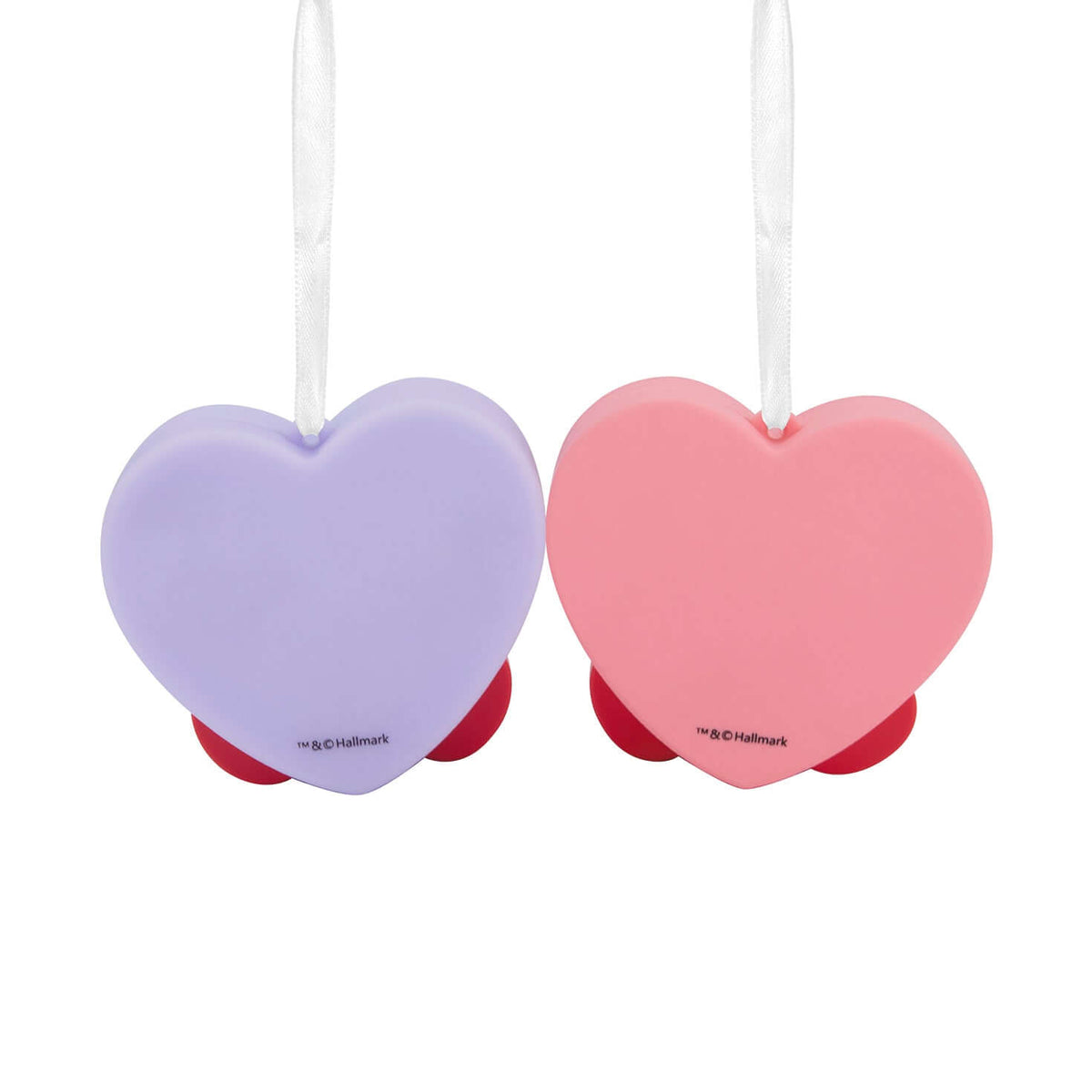 Better Together Candy Hearts, Magnetic, Shatterproof, Set of 2 - Hallmark Christmas Ornaments, close up view of pastel purple and pink hearts.