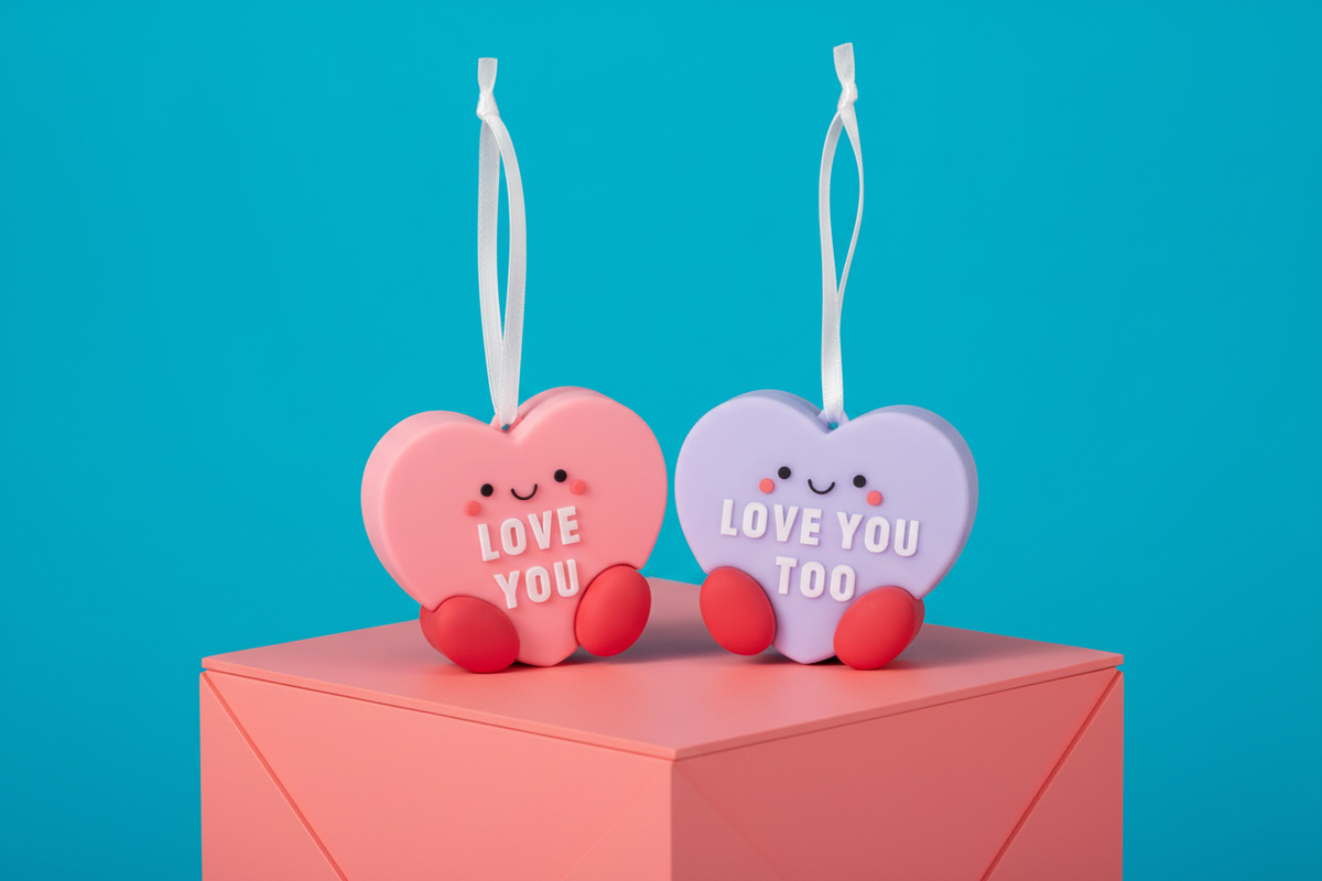 Better Together Candy Hearts, Magnetic, Shatterproof, Set of 2 - Hallmark Christmas Ornaments, flat lay with vibrant background