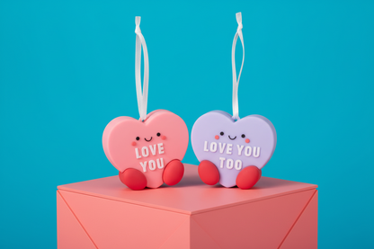 Better Together Candy Hearts, Magnetic, Shatterproof, Set of 2 - Hallmark Christmas Ornaments, flat lay with vibrant background