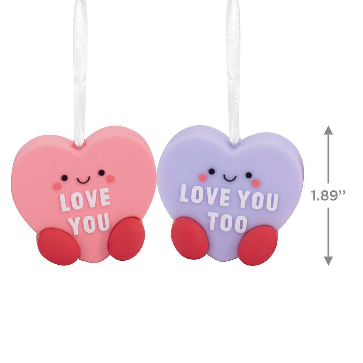 Better Together Candy Hearts, Magnetic, Shatterproof, Set of 2 - Hallmark Christmas Ornaments, flat lay view of pink and purple heart ornaments.