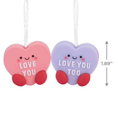 Better Together Candy Hearts, Magnetic, Shatterproof, Set of 2 - Hallmark Christmas Ornaments, flat lay view of pink and purple heart ornaments.