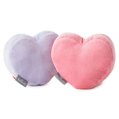 Better Together Conversation Hearts Magnetic Plush, 4.75", pink and purple soft plush hearts with embroidered details and tags, side view.