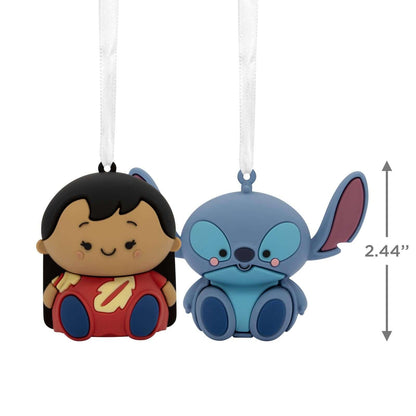 Better Together Disney Lilo & Stitch Magnetic, Set of 2 - Hallmark Christmas Ornament, close up view, featuring colourful designs of Lilo and Stitch, each 6.2 cm tall.