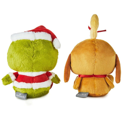 Better Together Dr. Seuss™ Grinch and Max Magnetic Plush Pair in a close up view, with the Grinch in Santa hat and Max in reindeer antler.