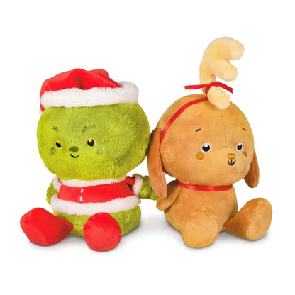 Better Together Dr. Seuss™ Grinch and Max Magnetic Plush Pair in bright colours, featuring Grinch in a Santa hat and Max with a reindeer antler.