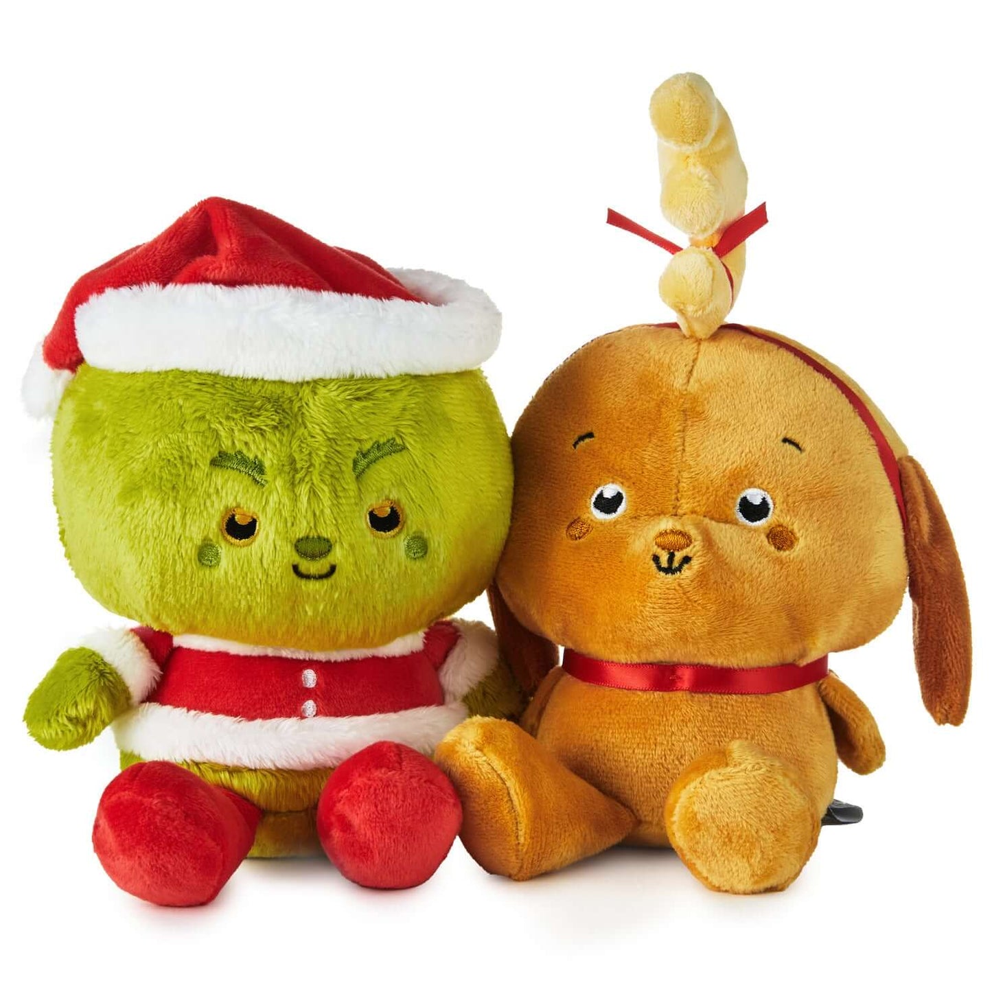 Better Together Dr. Seuss™ Grinch and Max Magnetic Plush Pair, soft toys, featuring the Grinch in Santa hat and Max with antler, close up view.