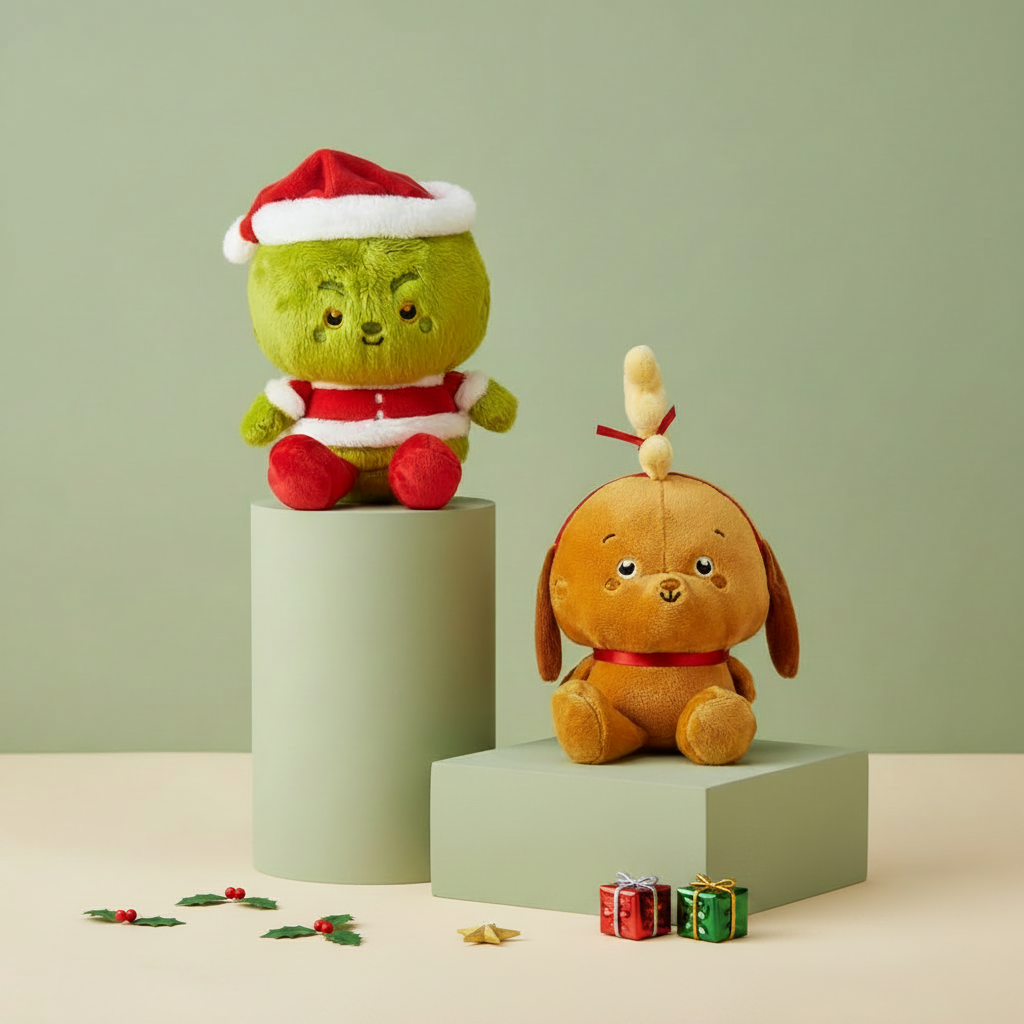 Better Together Dr. Seuss™ Grinch and Max Magnetic Plush Pair, soft plush, festive colours, displayed on pedestals with gifts.