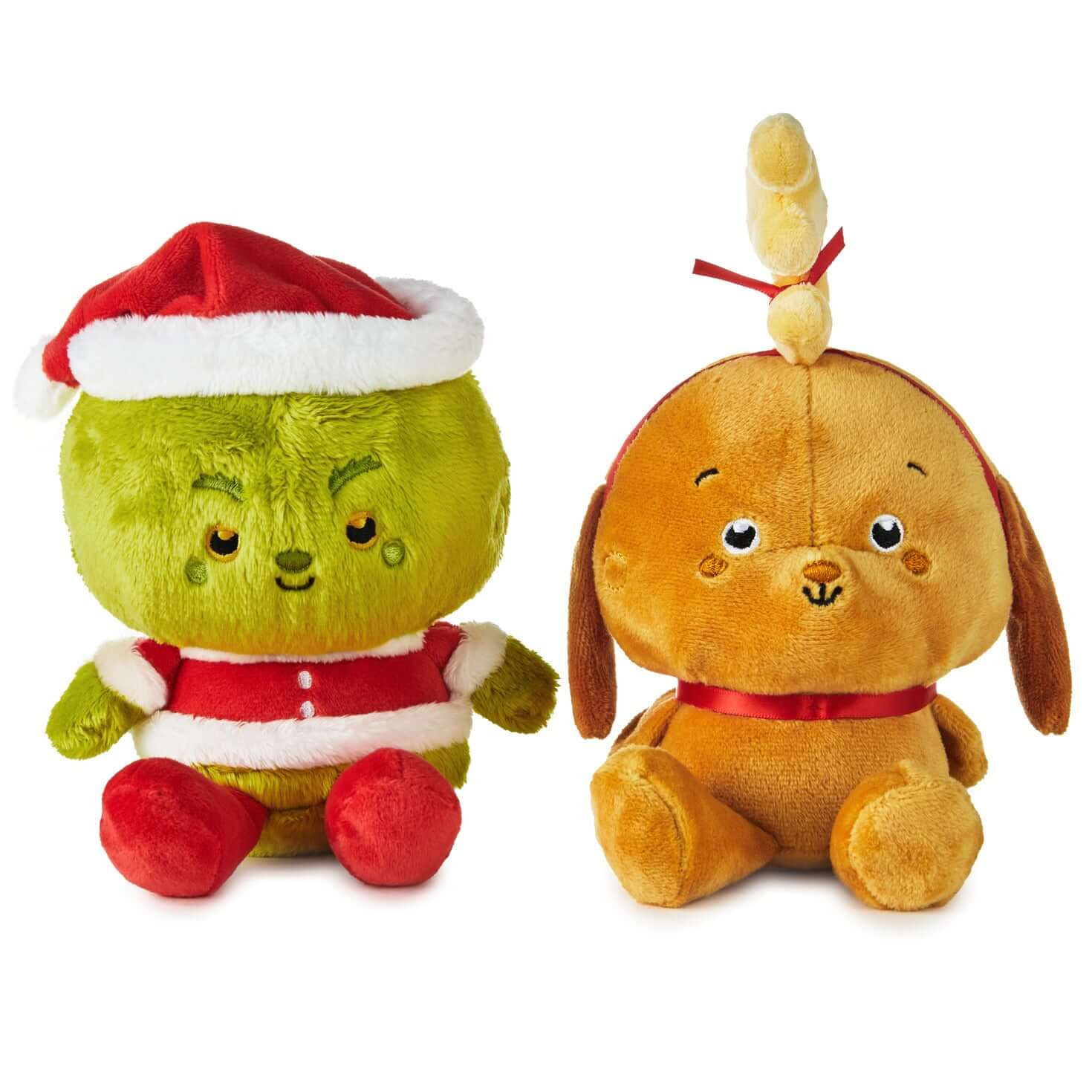 Better Together Dr. Seuss™ Grinch and Max Magnetic Plush Pair, soft plush duo with the Grinch in a Santa hat and Max with a reindeer antler.