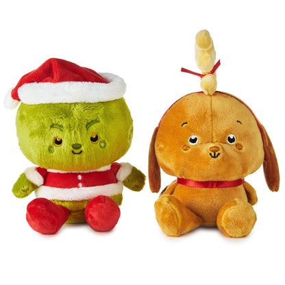 Better Together Dr. Seuss™ Grinch and Max Magnetic Plush Pair, soft plush duo with the Grinch in a Santa hat and Max with a reindeer antler.