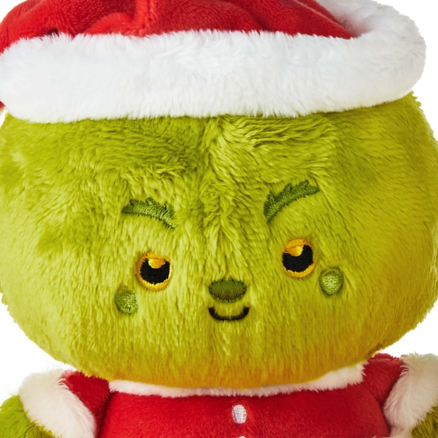 Better Together Dr. Seuss™ Grinch and Max Magnetic Plush Pair, cute close-up of the Grinch wearing a Santa hat and coat.