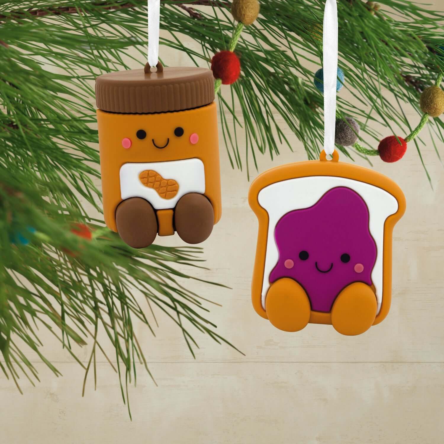 Better Together Peanut Butter and Jelly Magnetic, Shatterproof, Set of 2 - Hallmark Christmas Ornament hanging on tree branches.