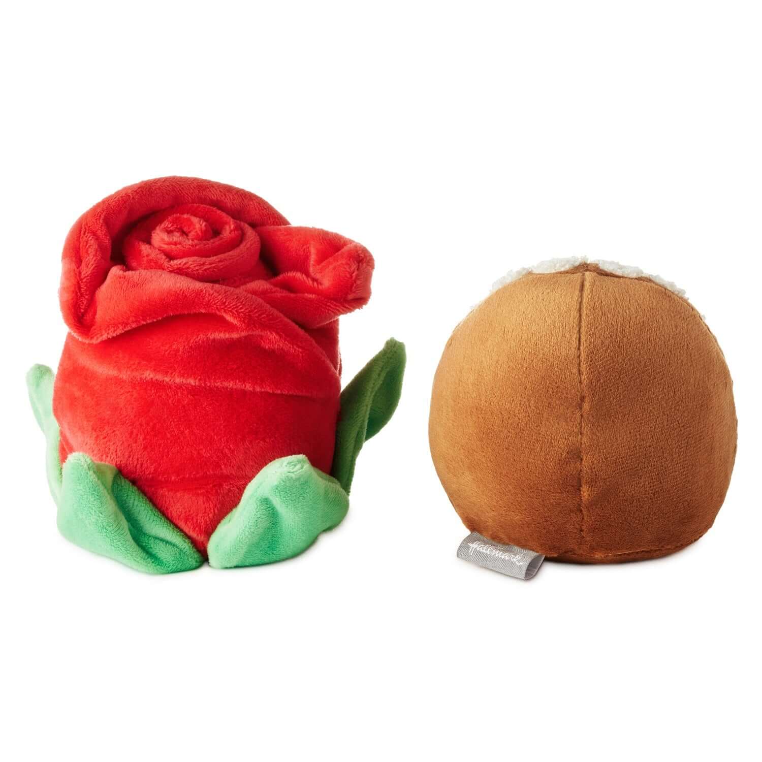 Better Together Rose and Truffle Magnetic Plush Pair, 5.25", in a close-up view showing the red plush rose and brown truffle design.