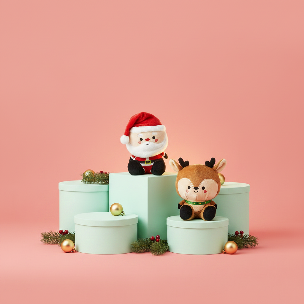 Better Together Santa and Reindeer Magnetic Plush Pair, 5.75", displayed on white gift boxes with festive greenery and ornaments.
