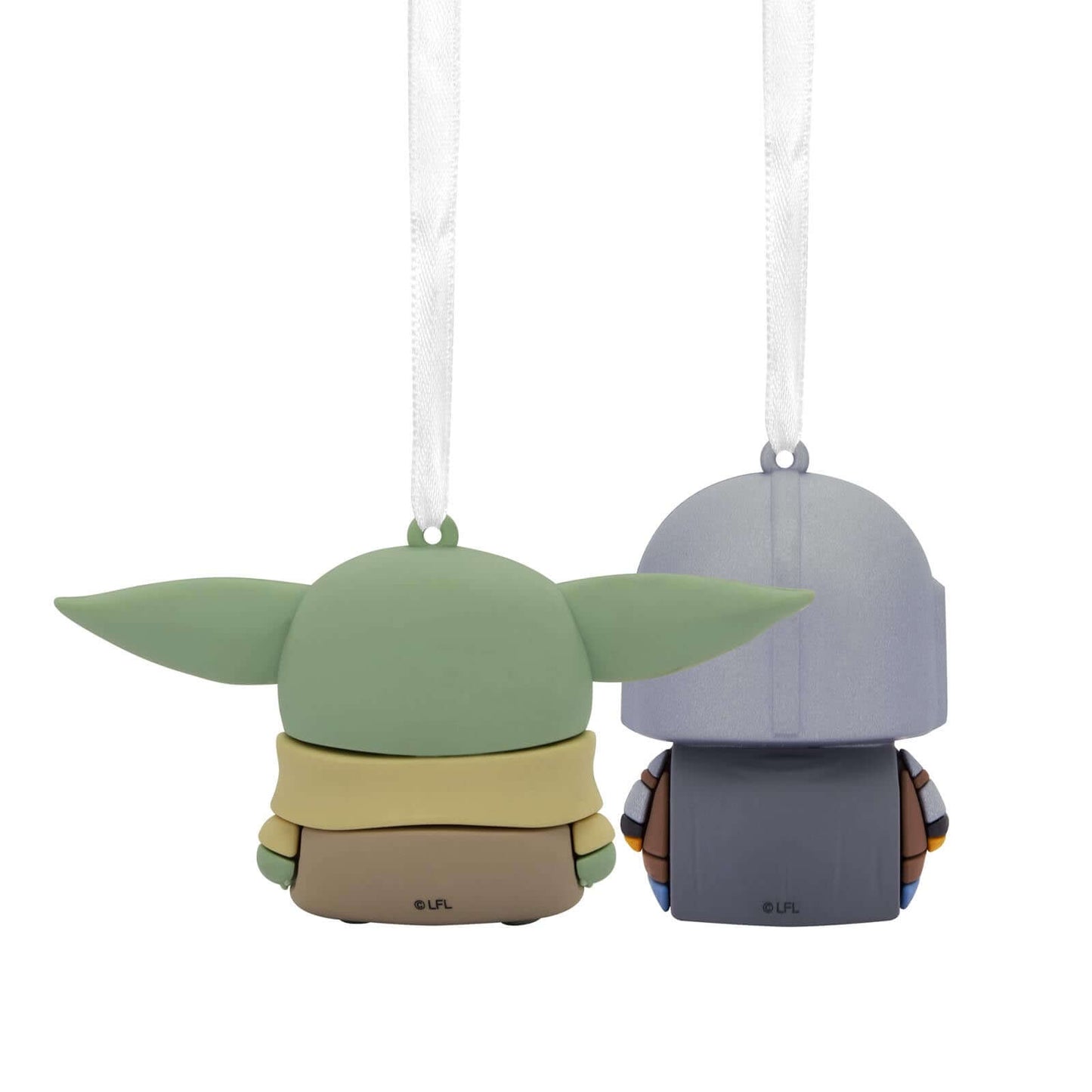 Better Together Star Wars™: The Mandalorian™ and Grogu™ Magnetic, Set of 2 ornaments in a flat lay with hanging ribbons.