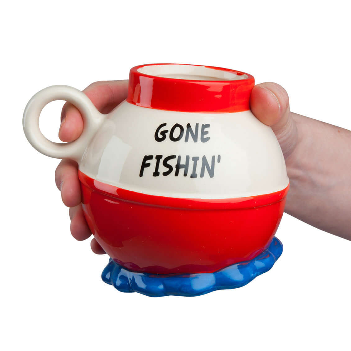 BigMouth - Gone Fishin' Mug, novelty ceramic mug, circular shape, held in a hand with a bright red design