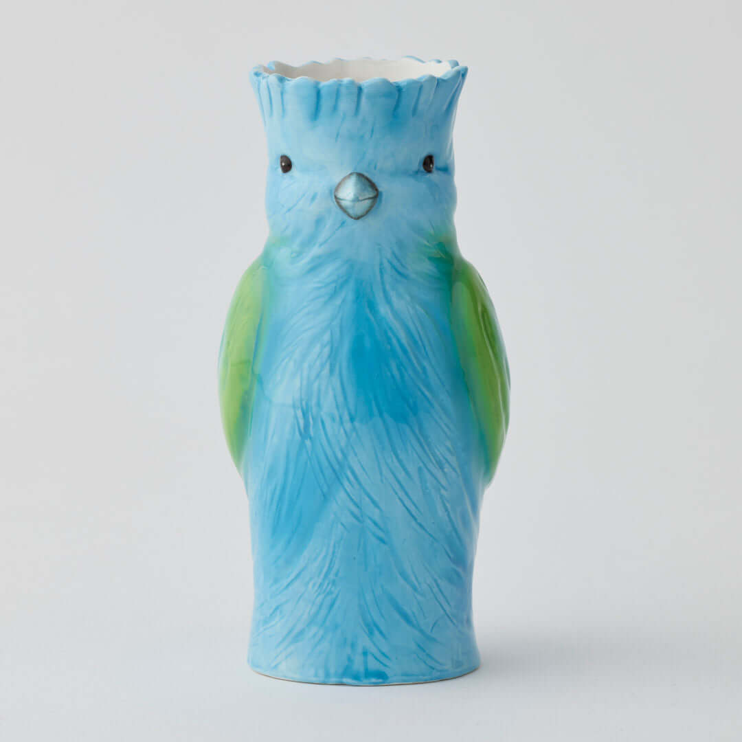 Bridie Vase - Blue, ceramic bird-shaped vase, teal and green colours, standing upright on a neutral background.