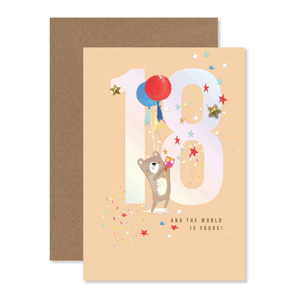 Connections from Hallmark 18th birthday card - 18 AND THE WORLD IS YOURS! featuring a bear, colourful balloons, and foil accents, flat lay view.
