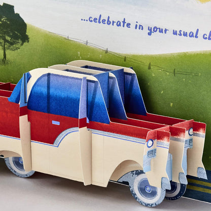 Hallmark Paper Wonder Displayable Pop Up Birthday Card (Classic Car) featuring a vibrant 3D pop-up of a classic red and blue truck.