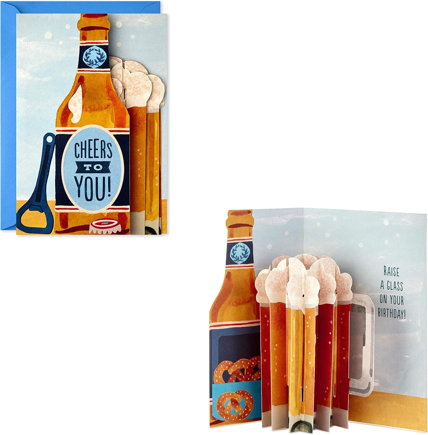 Hallmark Paper Wonder Displayable Pop Up Birthday Card (Beer) with a die cut beer bottle design and 3D frothy mug pop up.