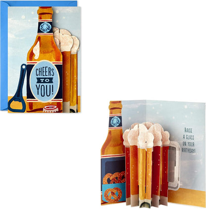 Hallmark Paper Wonder Displayable Pop Up Birthday Card (Beer) with a die cut beer bottle design and 3D frothy mug pop up.