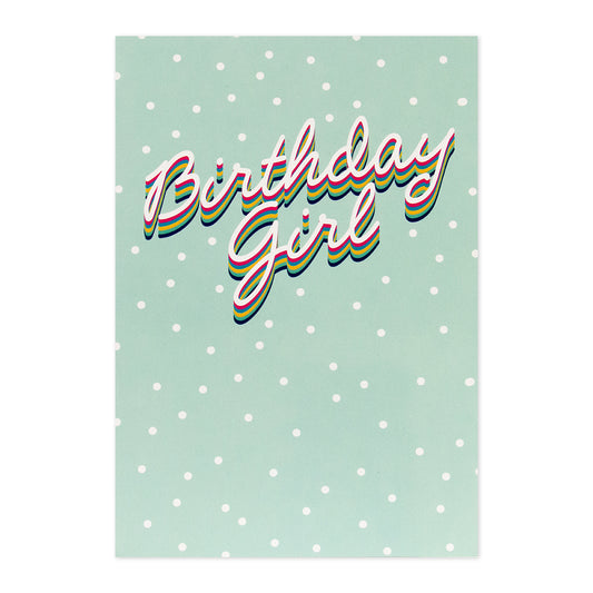 Hallmark Interactive Sound Card - Birthday Girl, colourful text on mint green polka dot background, flat lay view