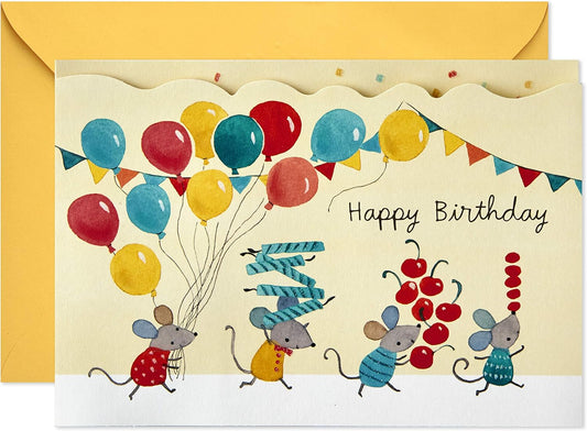 Hallmark Paper Wonder Pop Up Birthday Card (Birthday Mice) featuring colourful balloons and adorable mice celebrating a birthday, flat lay design.