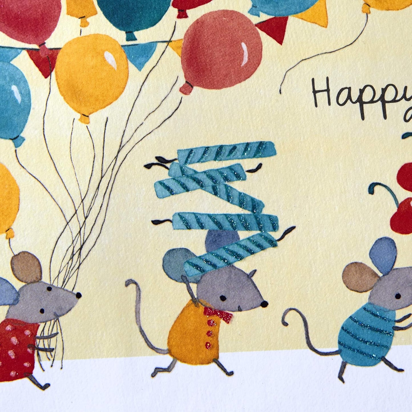 Hallmark Paper Wonder Pop Up Birthday Card (Birthday Mice) featuring adorable mice with vibrant balloons, detailed with glitter accents.