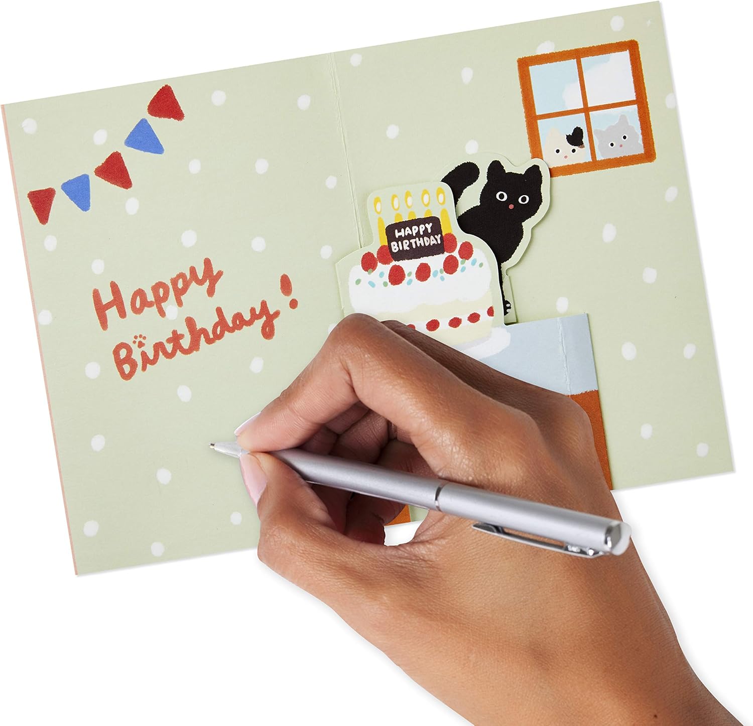 Hallmark Pop Up Birthday Card (Cat and Friend with Birthday Cake) open with birthday message and hand writing on green polka dot background.