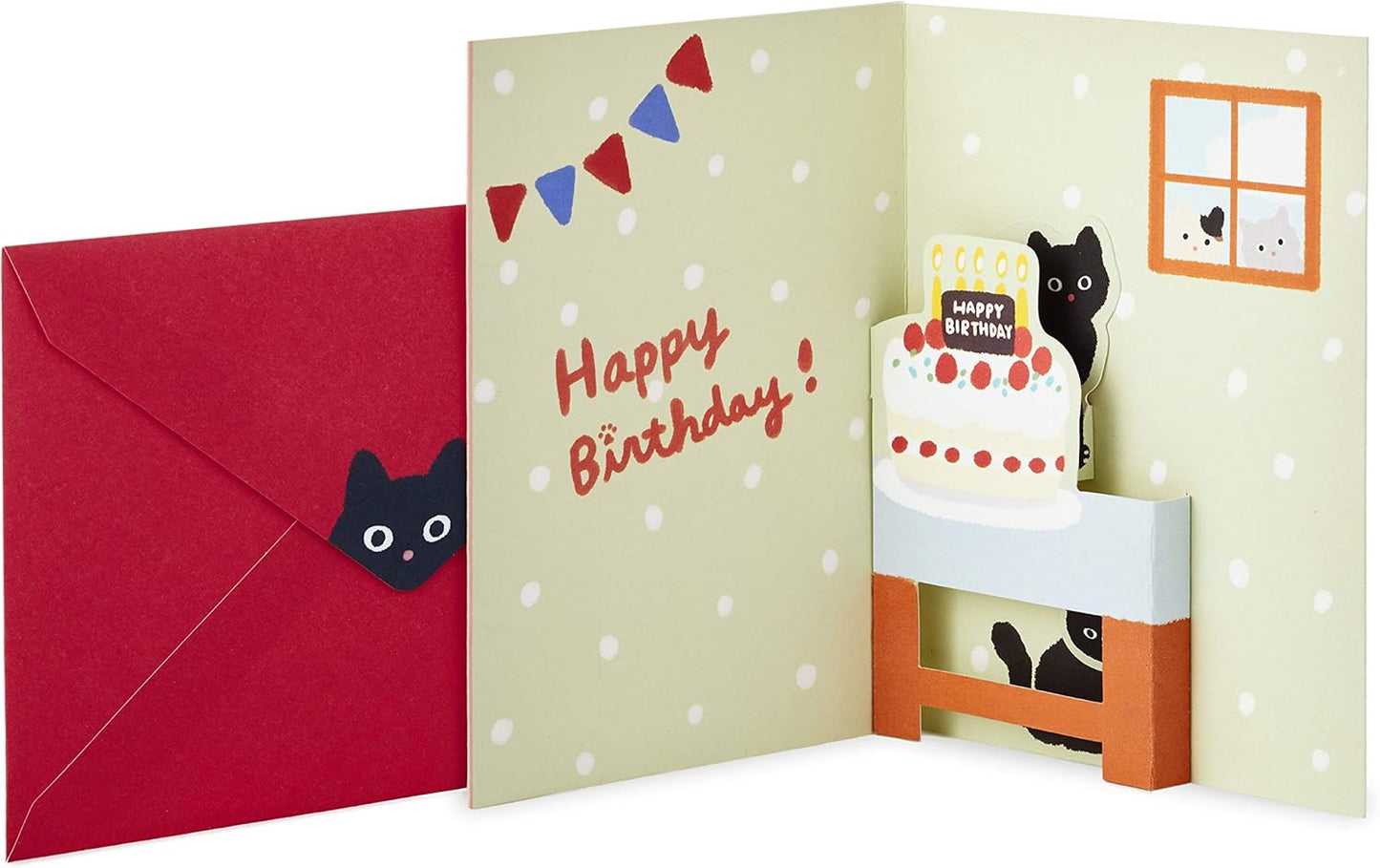 Hallmark Pop Up Birthday Card (Cat and Friend with Birthday Cake) featuring a pop-up birthday cake and black cat design, open view with colourful details.