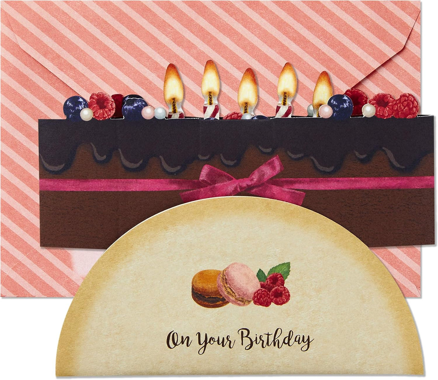 Hallmark Pop Up Birthday Card (Chocolate Cake) with a decorated chocolate cake design and festive candles on a patterned envelope.