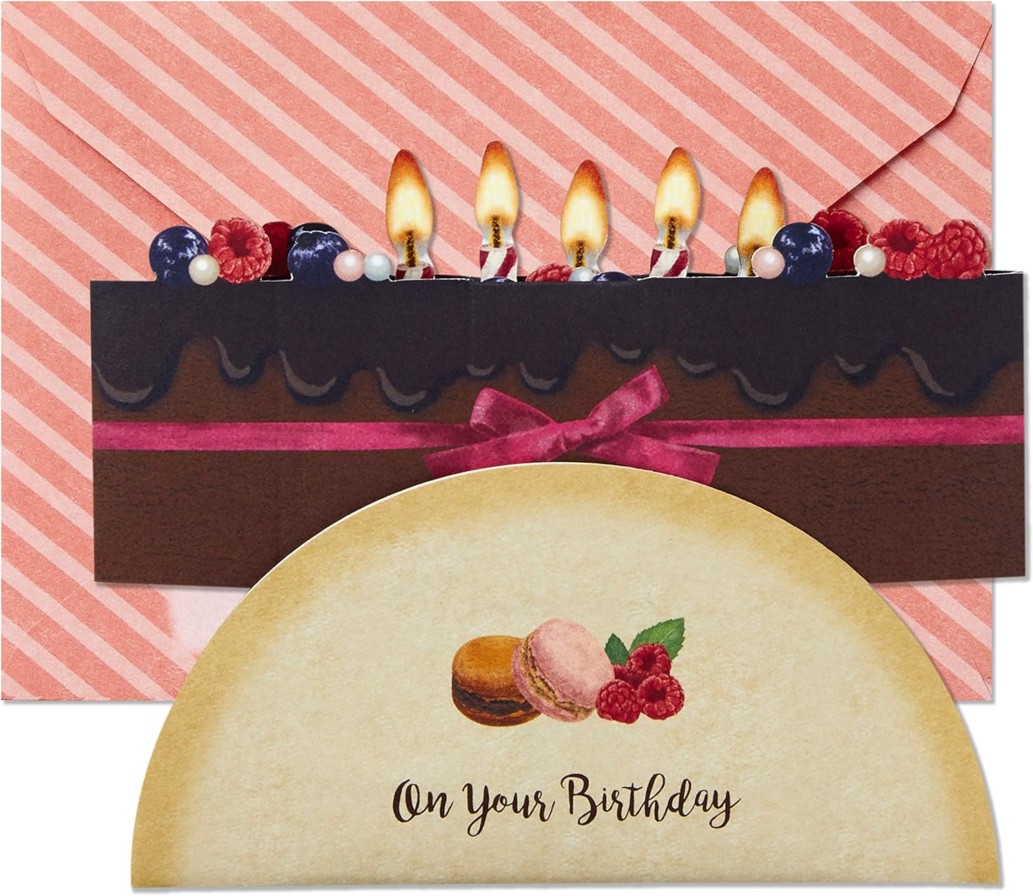 Hallmark Pop Up Birthday Card (Chocolate Cake) with a decorated chocolate cake design and festive candles on a patterned envelope.