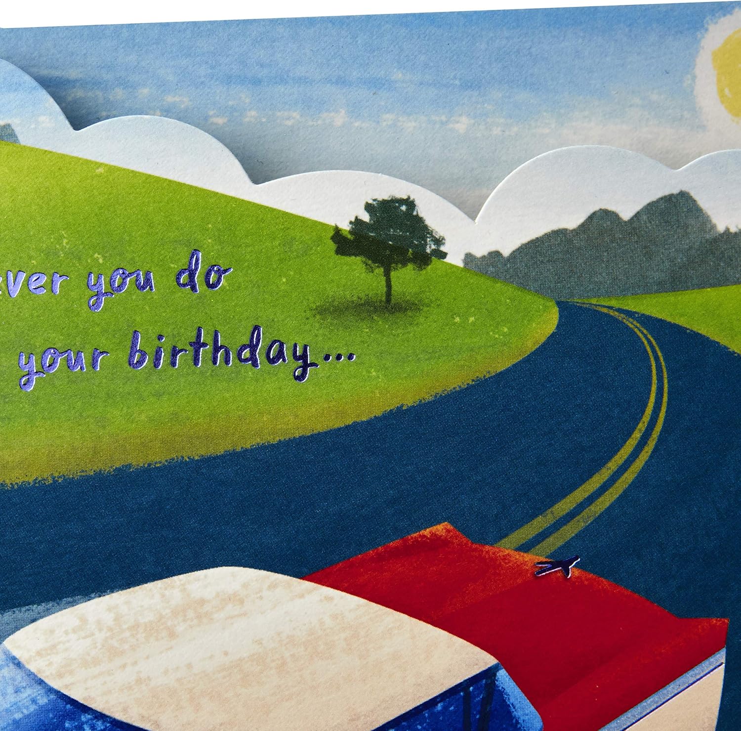 Hallmark Paper Wonder Displayable Pop Up Birthday Card (Classic Car) detail featuring a landscape with text on a winding road.