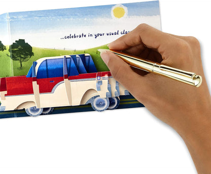 Hallmark Paper Wonder Displayable Pop Up Birthday Card (Classic Car) with 3D pop-up truck and hand writing message.