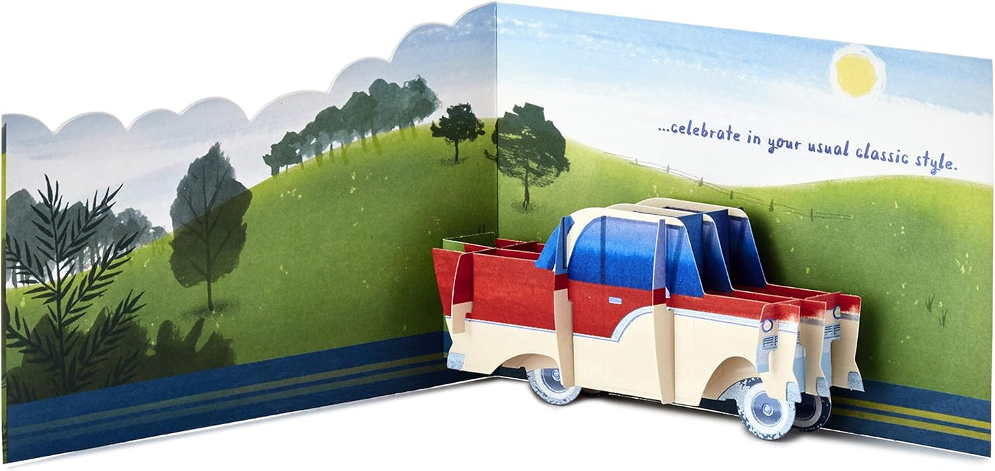 Hallmark Paper Wonder Displayable Pop Up Birthday Card (Classic Car) featuring a 3D pop-up truck in a scenic natural setting.