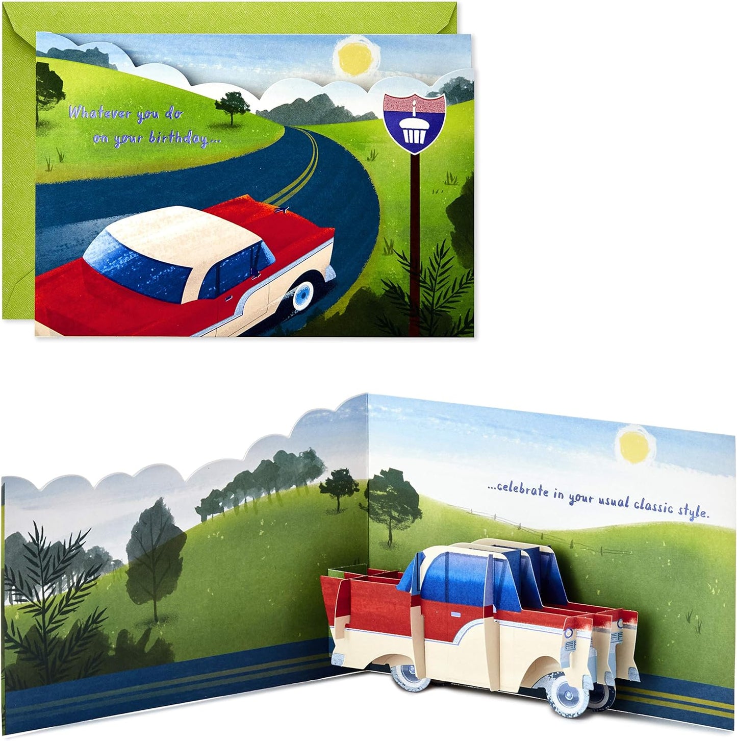 Hallmark Paper Wonder Displayable Pop Up Birthday Card (Classic Car) featuring a 3D pop-up classic car in a scenic landscape view.