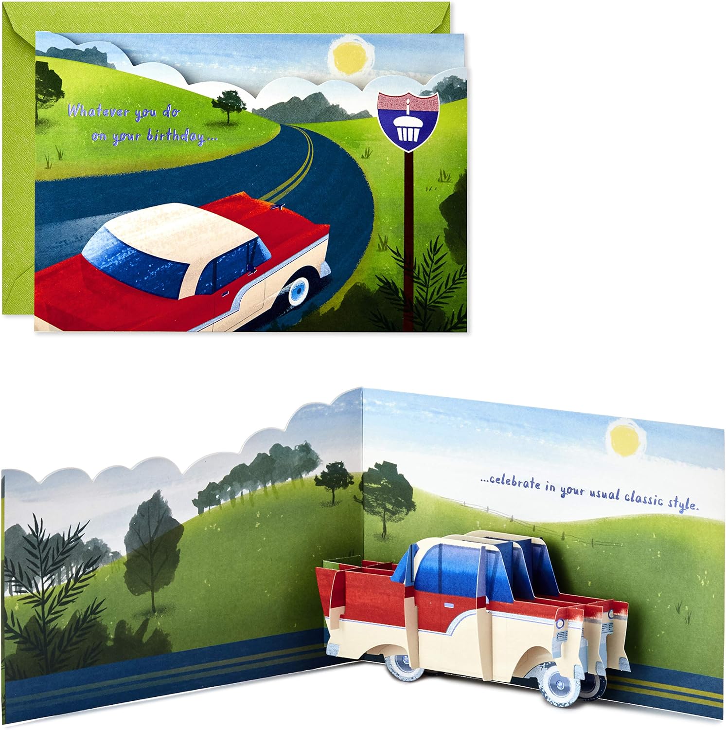 Hallmark Paper Wonder Displayable Pop Up Birthday Card (Classic Car) featuring a 3D pop-up classic car in a scenic landscape view.