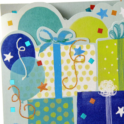 Hallmark Paper Wonder Pop Up Birthday Card (Someone to Celebrate) featuring colourful gifts, confetti, and decorative balloons.