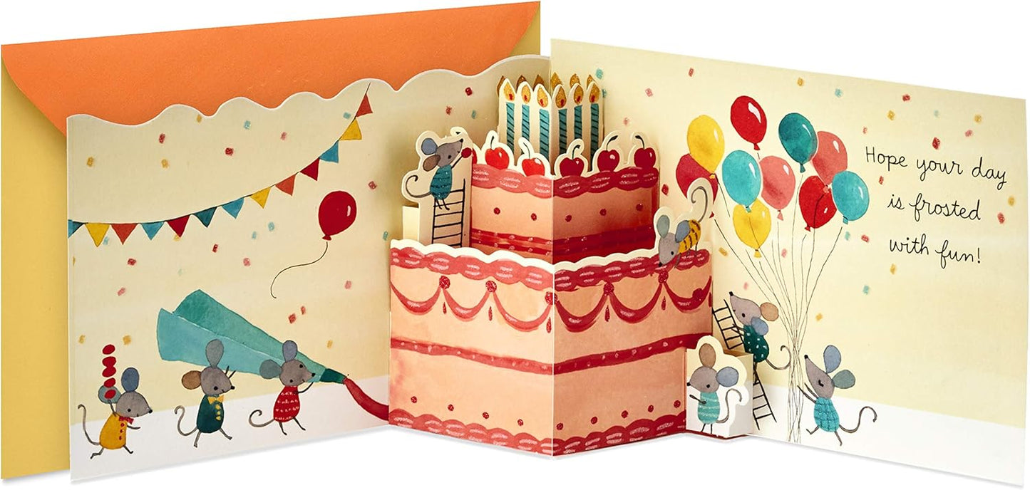 Hallmark Paper Wonder Pop Up Birthday Card (Birthday Mice) with 3D cake and colourful balloons, inside view showcasing die cut design.