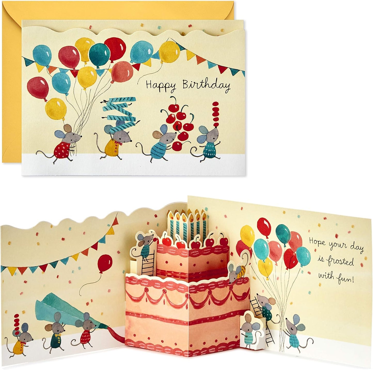 Hallmark Paper Wonder Pop Up Birthday Card (Birthday Mice) featuring a 3D birthday cake and whimsical mice with balloons.