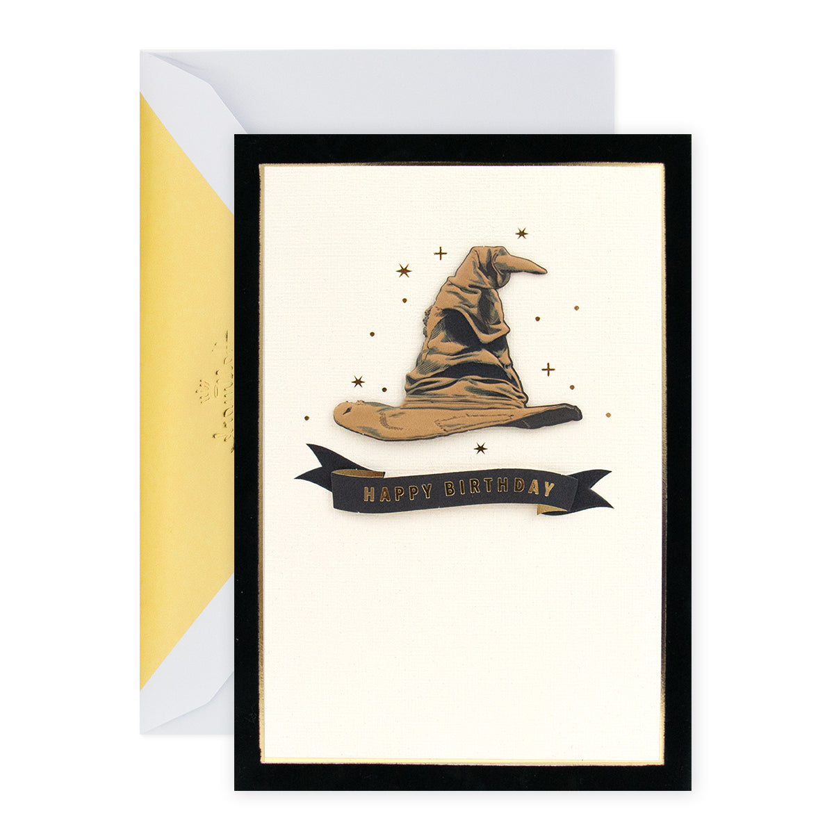 Hallmark Signature Birthday Card - Wizarding World Harry Potter Sorting Hat with 3D plaque, gold foil and black velvet finish.