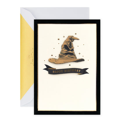 Hallmark Signature Birthday Card - Wizarding World Harry Potter Sorting Hat with 3D plaque, gold foil and black velvet finish.