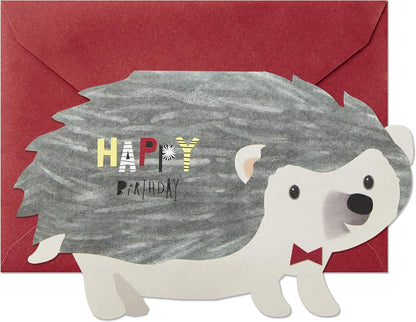 Hallmark Pop Up Birthday Card (3D Honeycomb Hedgehog) featuring a cute hedgehog design on a red envelope with 'Happy Birthday' lettering.