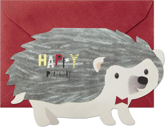 Hallmark Pop Up Birthday Card (3D Honeycomb Hedgehog) featuring a cute hedgehog design on a red envelope with 'Happy Birthday' lettering.