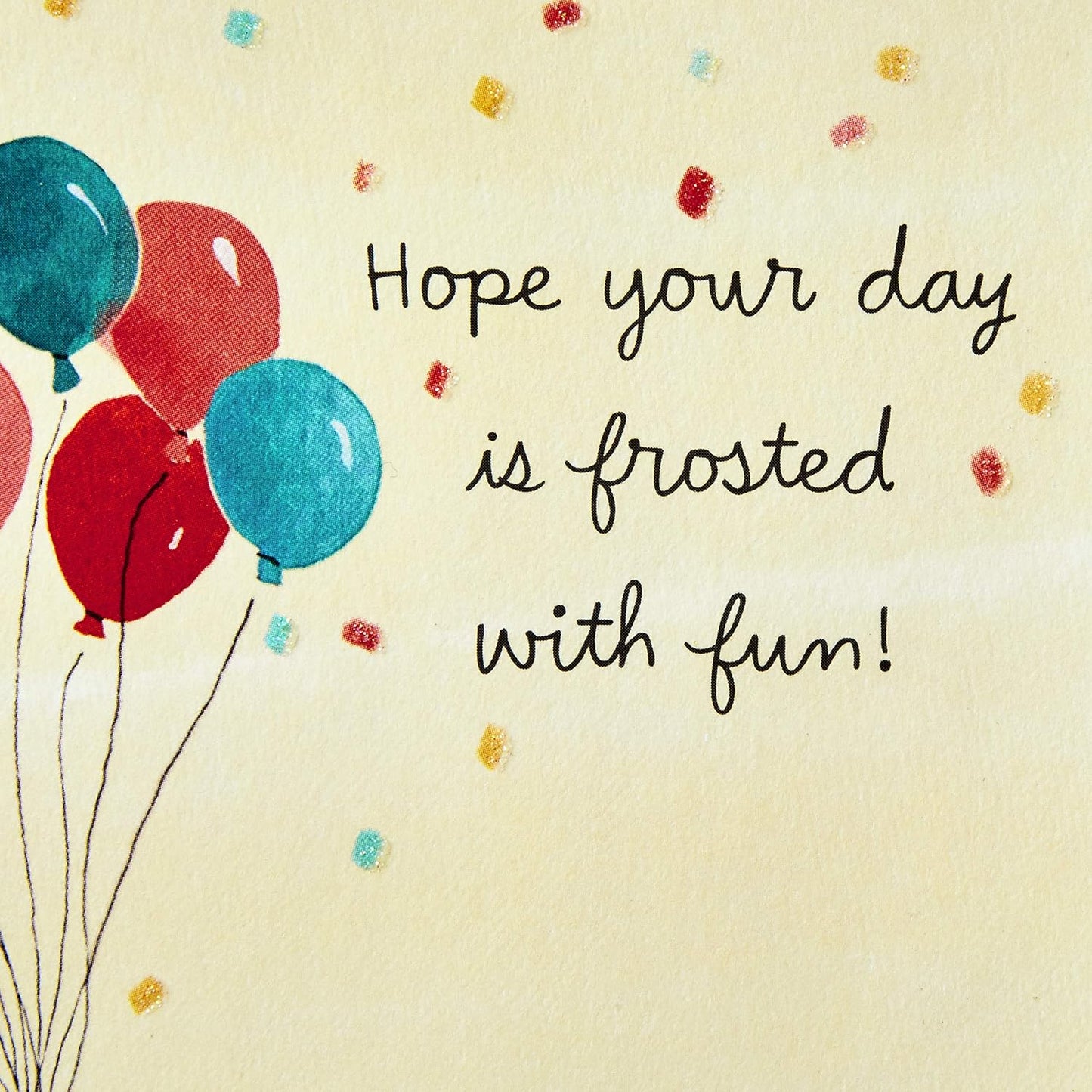 Hallmark Paper Wonder Pop Up Birthday Card (Birthday Mice) interior with colourful balloons and festive message on cream background.