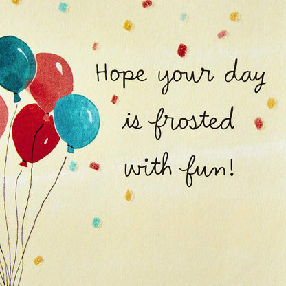 Hallmark Paper Wonder Pop Up Birthday Card (Birthday Mice) interior with colourful balloons and festive message on cream background.